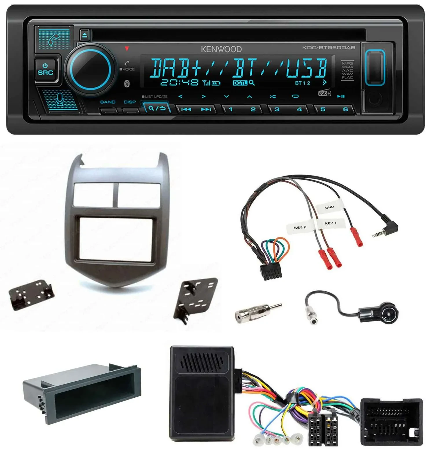 Kenwood Bluetooth DAB CD Lenkrad USB Autoradio für Chevrolet Aveo ab 11 dunkelgr