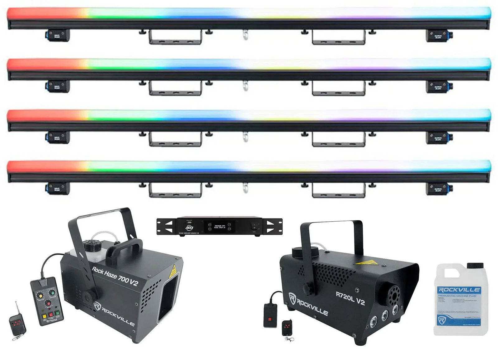 (4) American DJ Pixie Strip-60 LED Strip Lights+Pixel Map Control+Hazer+Fogger