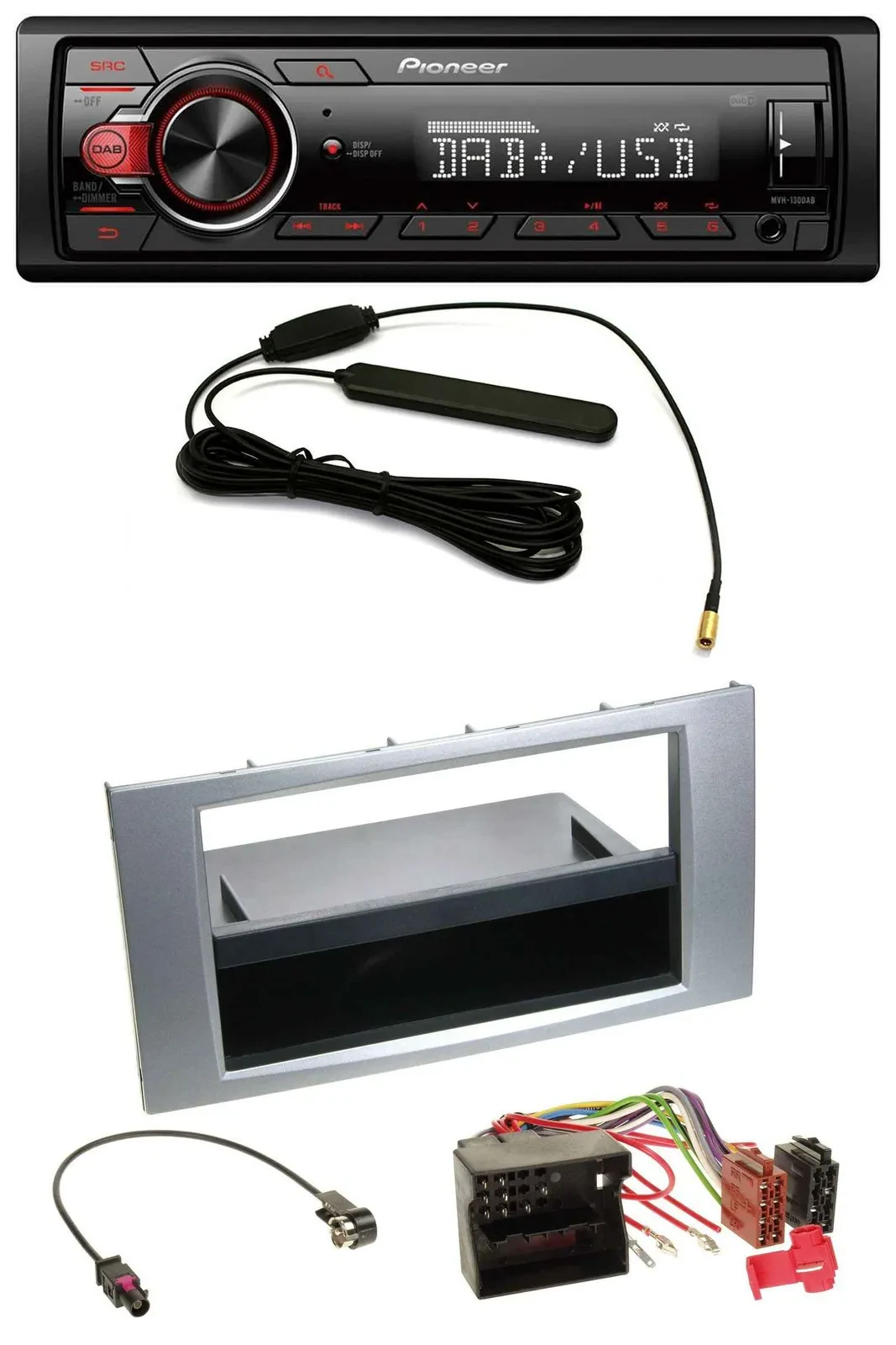 Автомагнитола Pioneer 1DIN, DAB, MP3, USB, AUX, серебристый, для Ford Fiesta/Focus 2004–2008