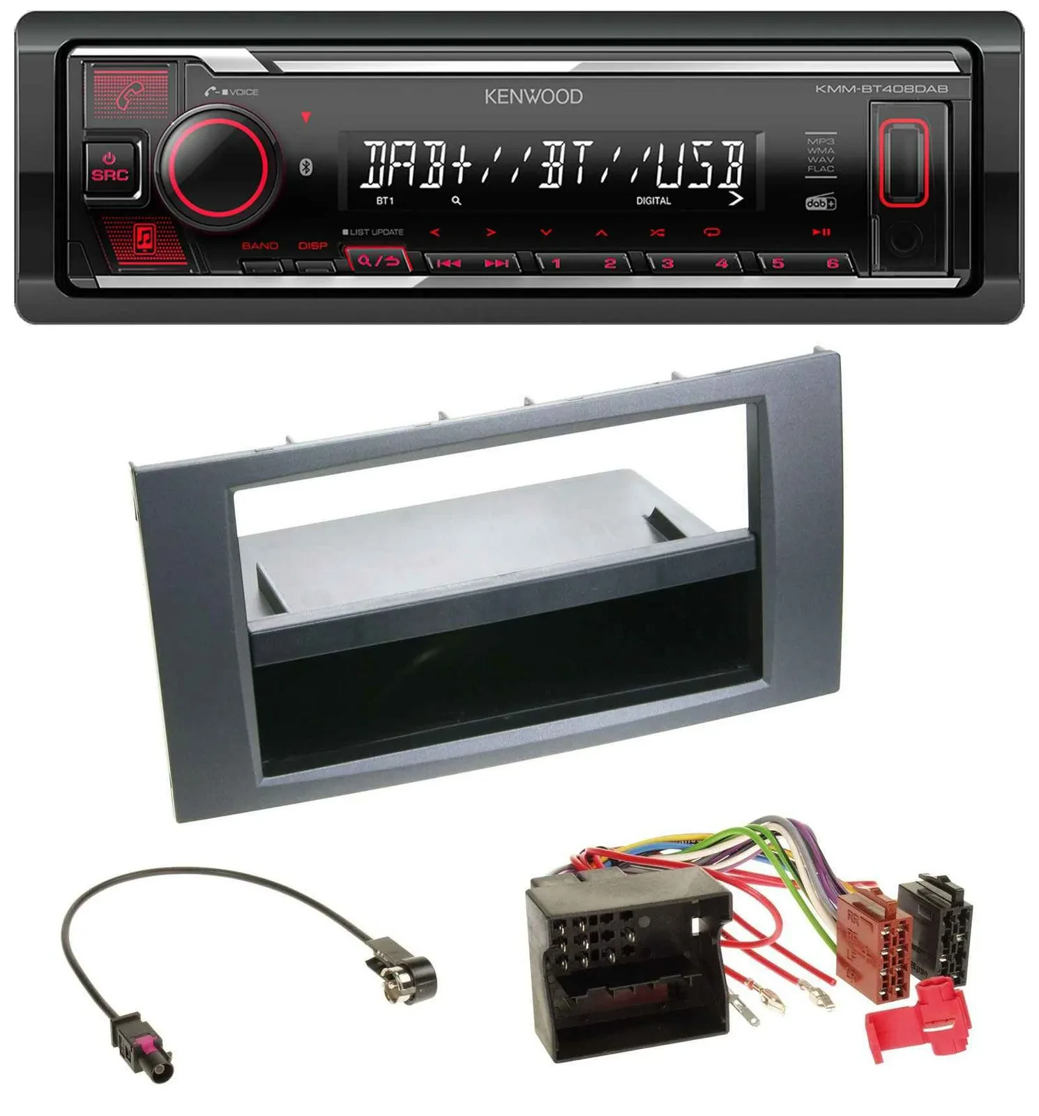 Автомагнитола Kenwood MP3 Bluetooth USB DAB для Ford Fiesta/Focus 2004–2008, антрацит