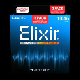 Elixir 3-Pack Nickel Plated Steel Nanoweb Electric Guitar Strings - 10/46 Light