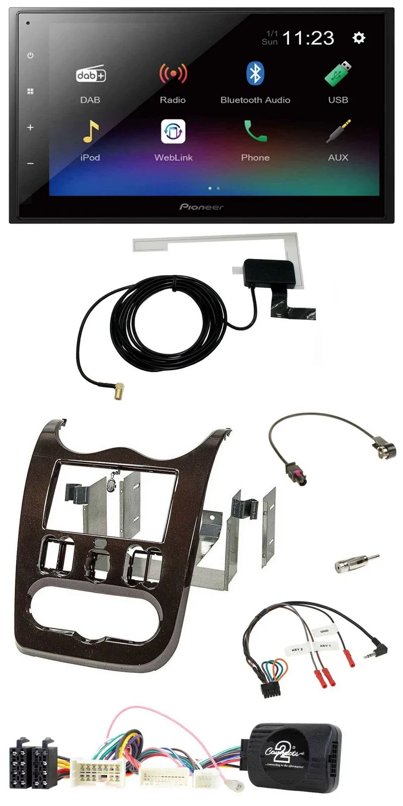 Автомагнитола Pioneer 2DIN DAB, Bluetooth, USB, поддержка управления на руле для Dacia (с 2012), темно-коричневый