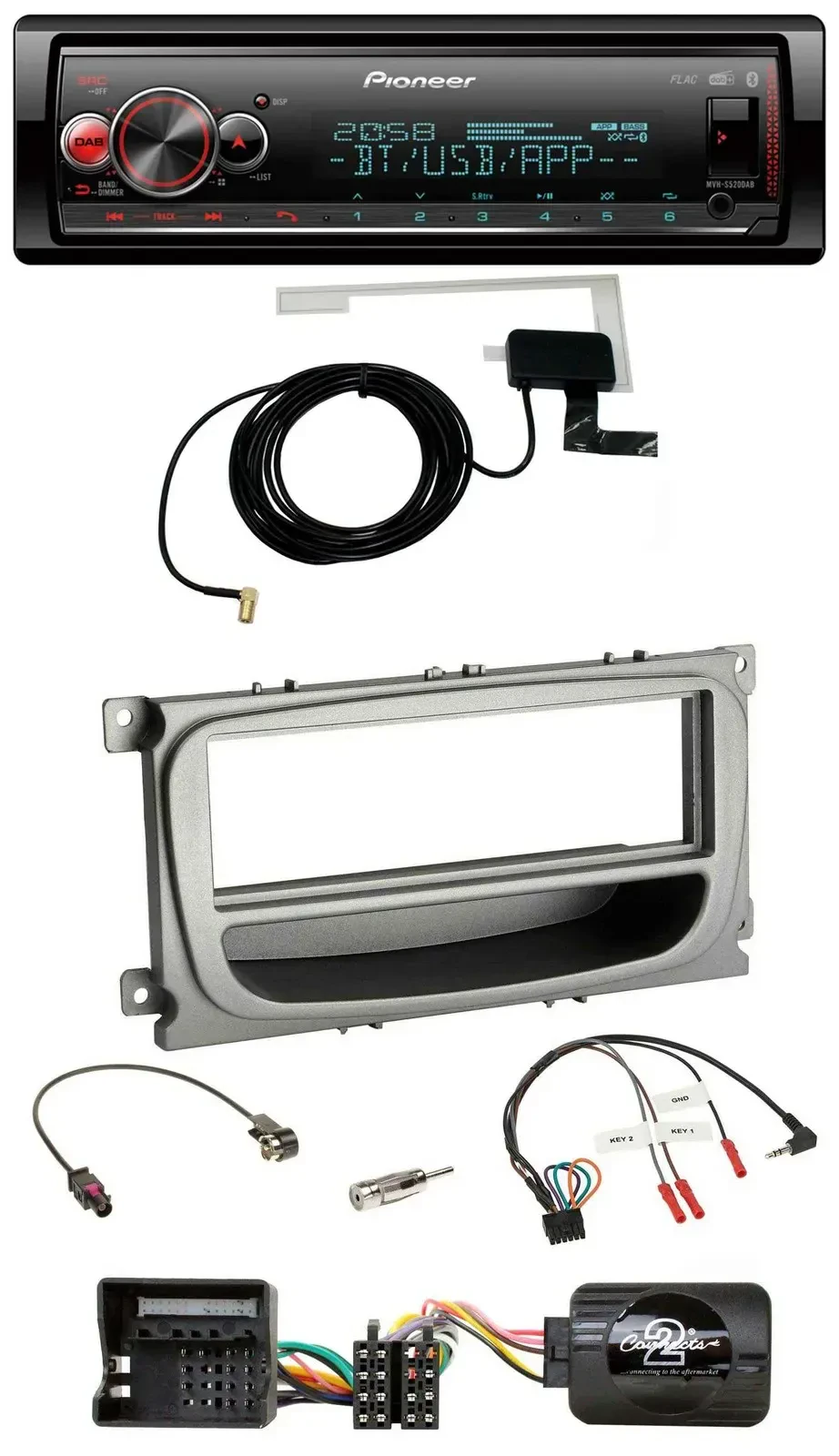 Автомагнитола для Ford Mondeo/S-Max Pioneer Bluetooth, DAB, USB, поддержка кнопок на руле, серебристая