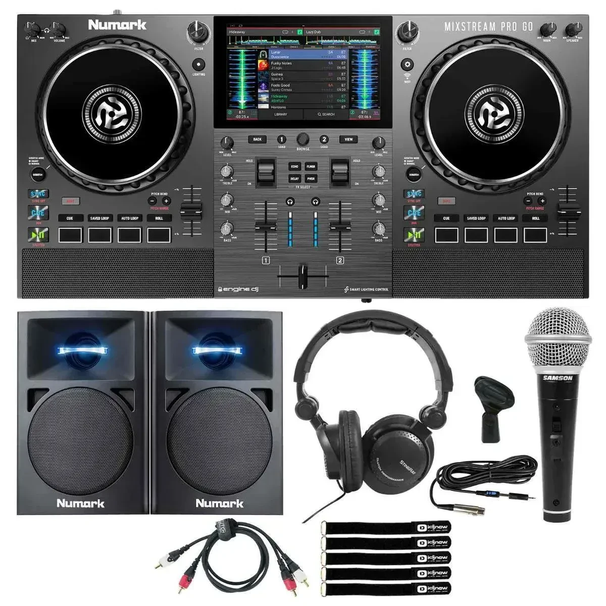 DJ-контроллер Numark MIXSTREAM PRO GO аккумуляторный, streaming (набор, со студийными мониторами)