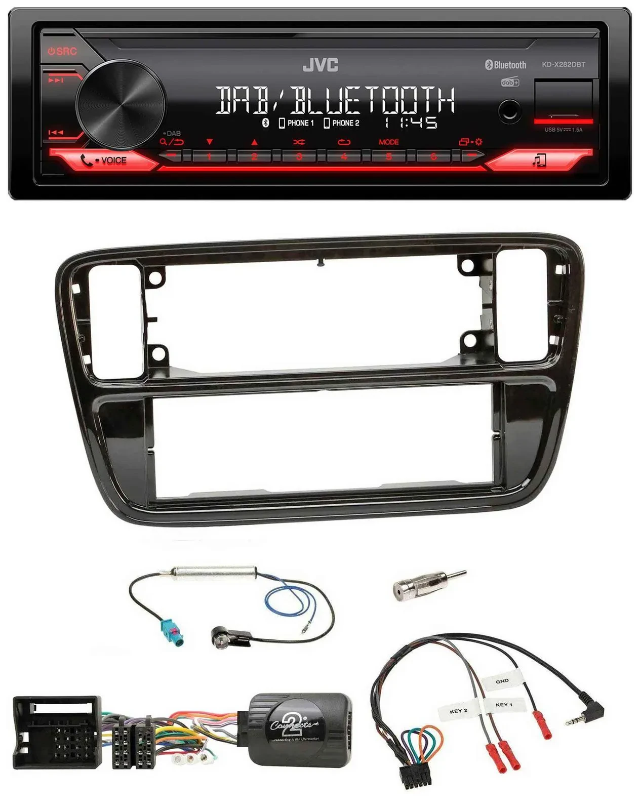 Автомагнитола JVC с Bluetooth, USB, DAB для VW Up (2011–2016), поддержка управления на руле, черный глянец