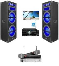 (2) Technical Pro Dual 15" 1800w LED Karaoke Speakers+Receiver+(2) Wireless Mics