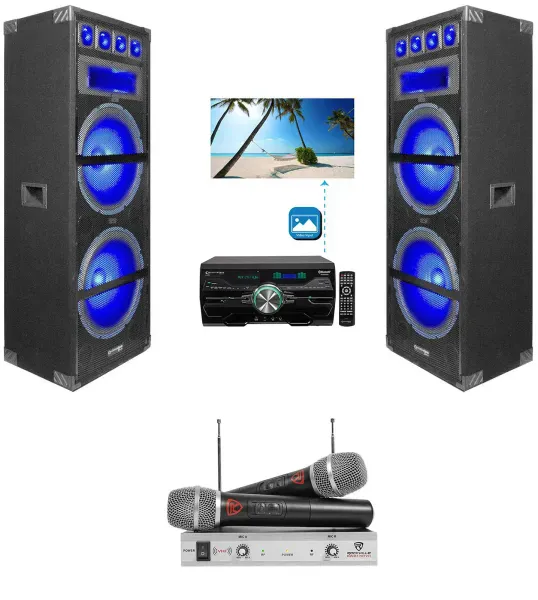 (2) Technical Pro Dual 15" 1800w LED Karaoke Speakers+Receiver+(2) Wireless Mics