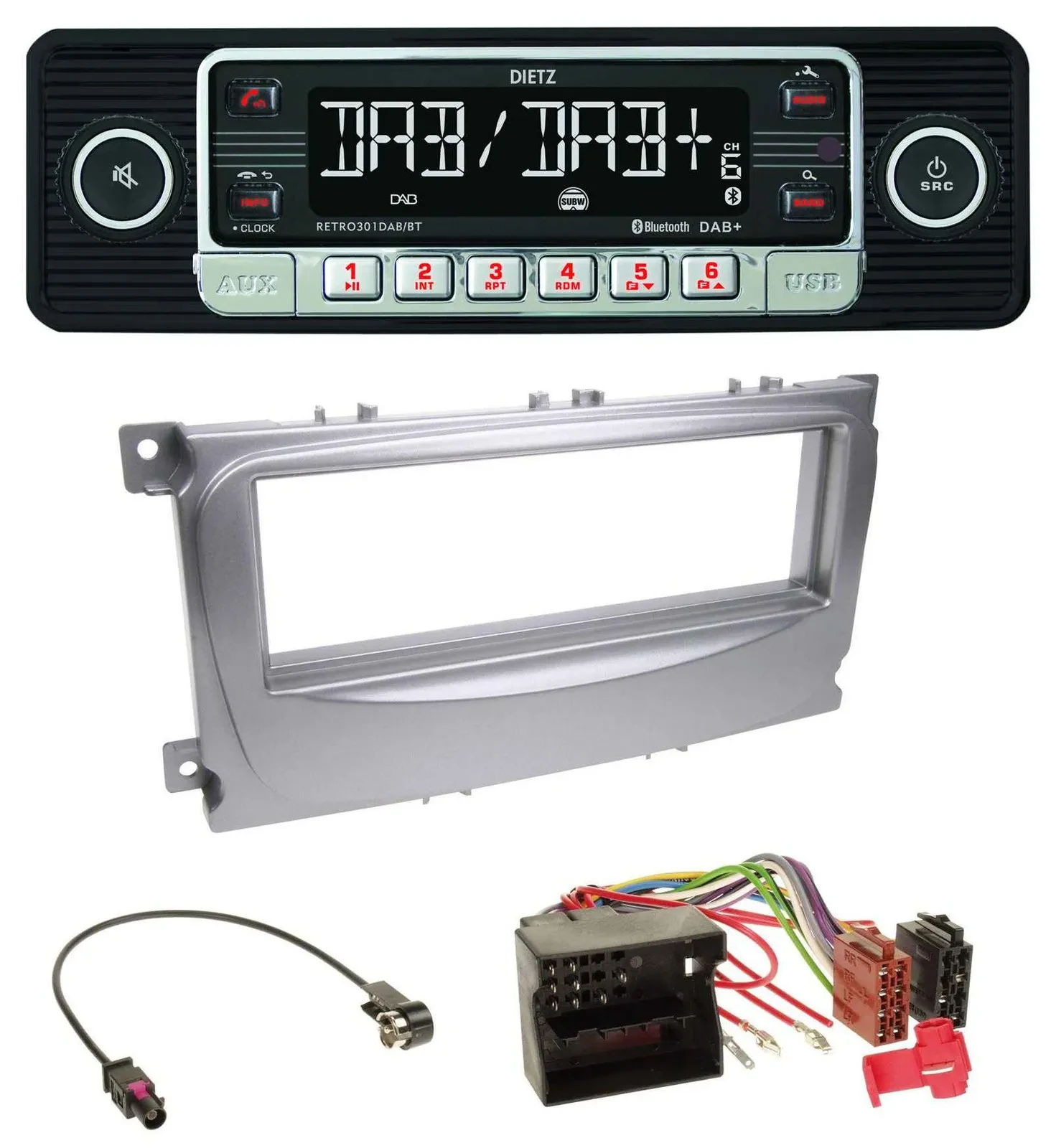 Автомагнитола Dietz USB, DAB, MP3, Bluetooth серебристая для Ford Galaxy, C‑Max, Focus (с 2007)