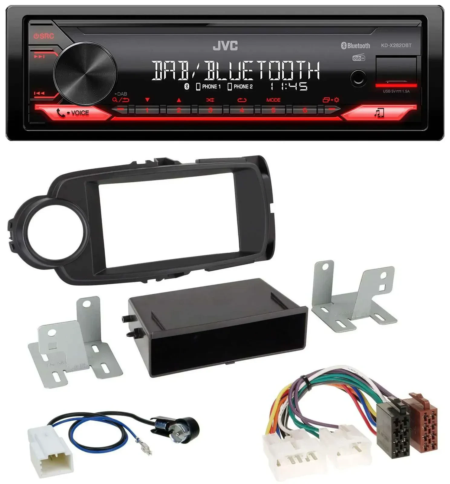 Автомагнитола для Toyota Yaris (2011–2014) JVC Bluetooth, USB, DAB, MP3 черная