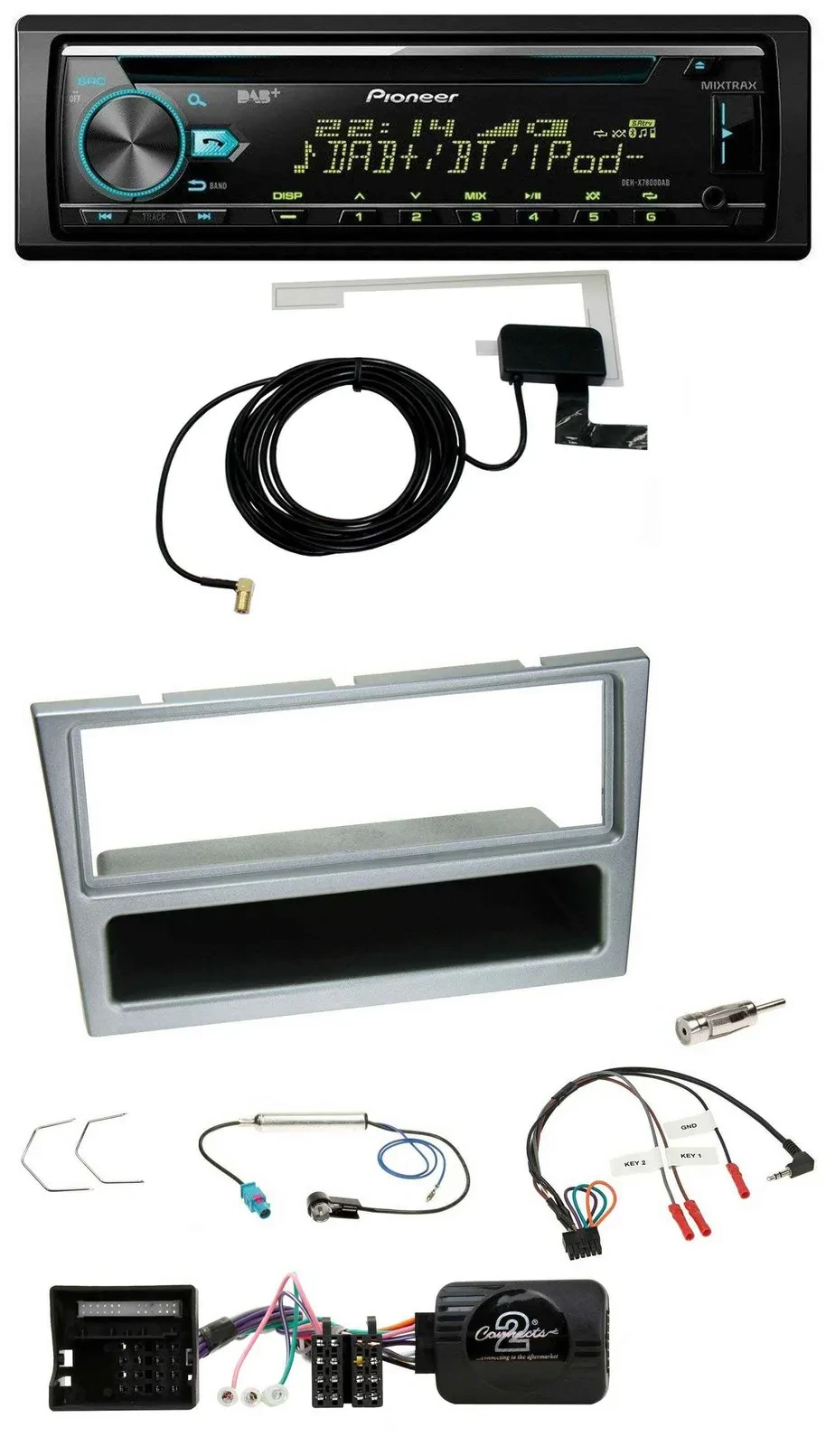 Автомагнитола Pioneer CD/MP3, USB, DAB для Opel Corsa C/Tigra/Meriva, серебристая, совместима с кнопками на руле