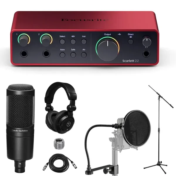 Focusrite Scarlett 2i2 4th Gen USB Interface with Software Suite, Bundle with AT