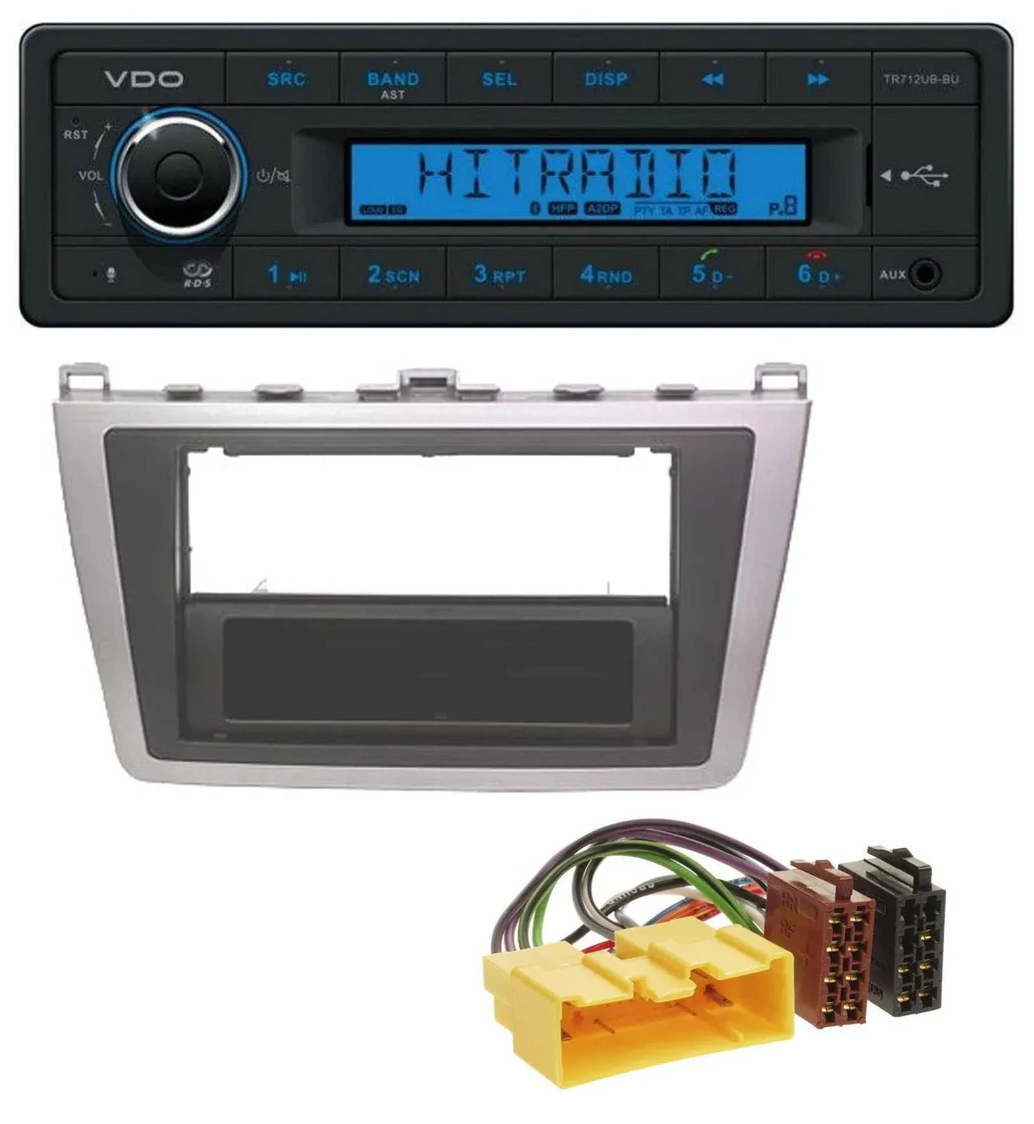 Автомагнитола VDO Bluetooth, USB, AUX, MP3 для Mazda 6 (2008–2012) серебристая/черная