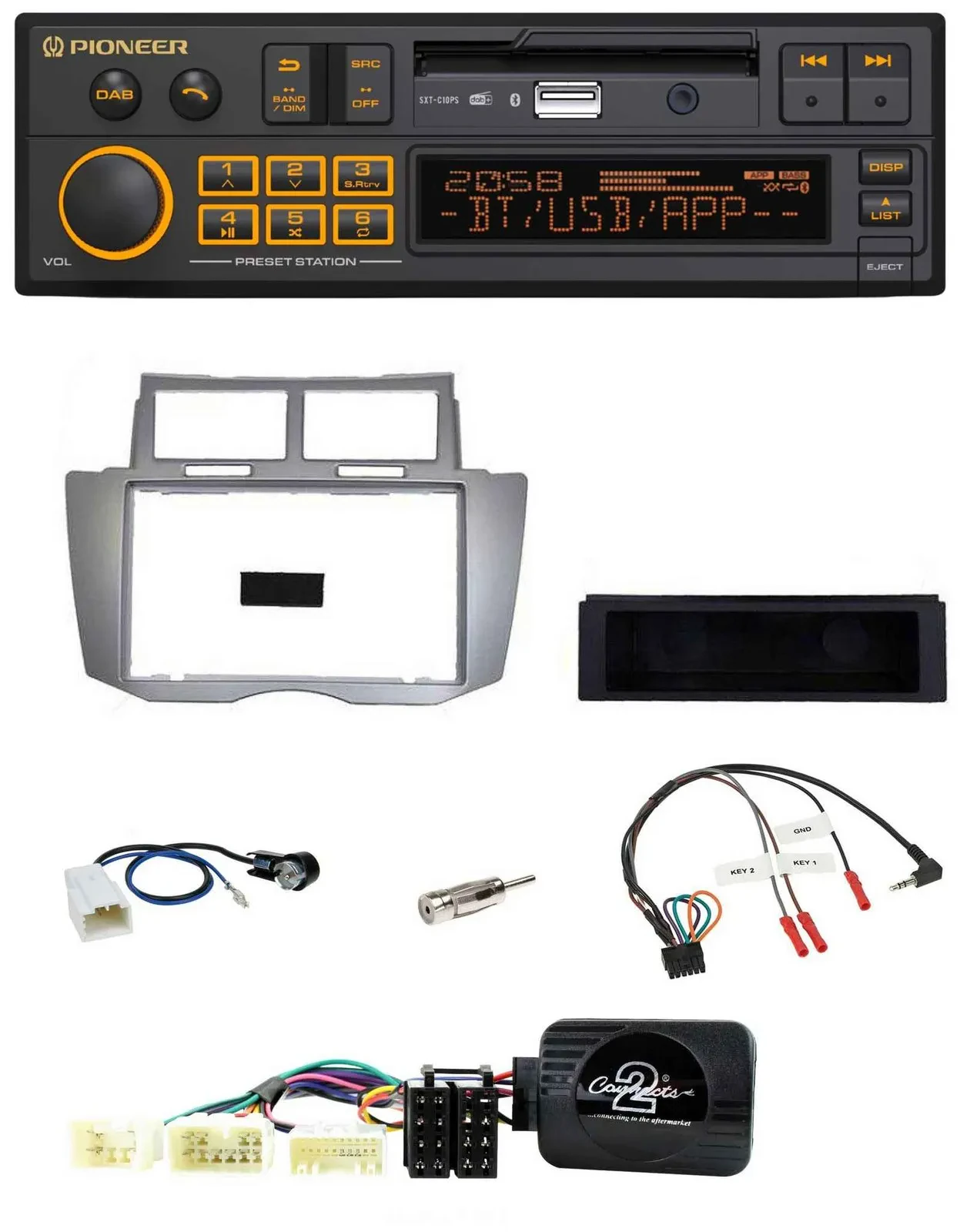Автомагнитола для Toyota Yaris 2007–2011 Pioneer DAB, USB, Bluetooth, серебристая