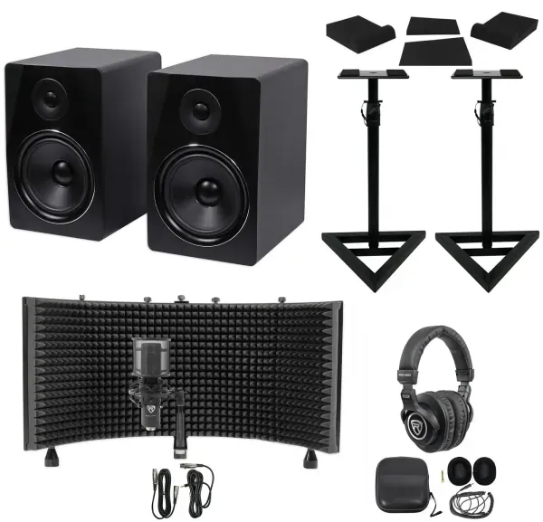 2) Rockville APM8B 8" Active Studio Monitors+Stands+Mic+Headphones+Iso Shield