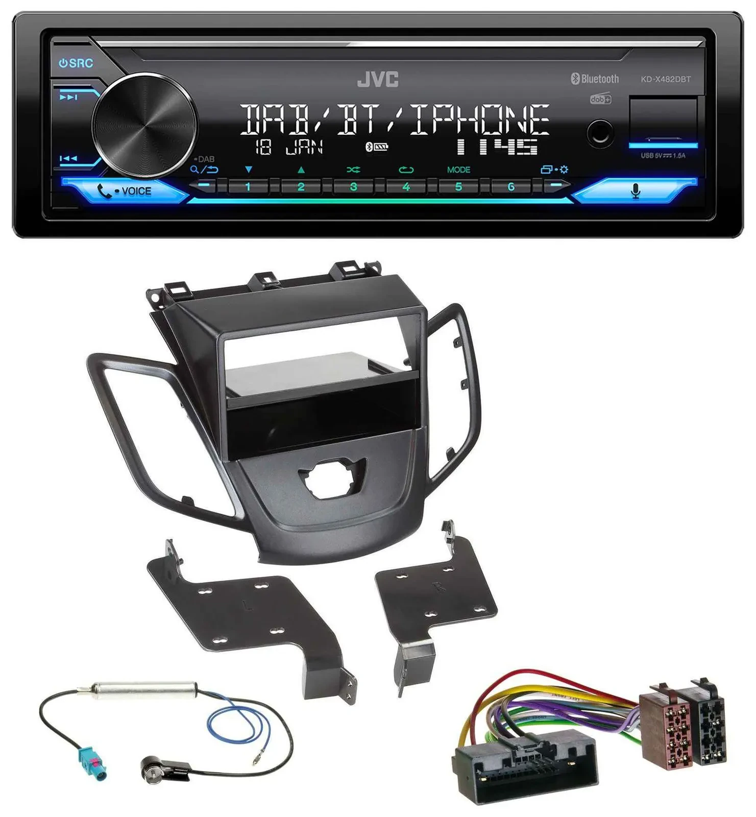 JVC Bluetooth DAB USB MP3 Autoradio für Ford Fiesta 10-17 JA8 ohne Display schwa