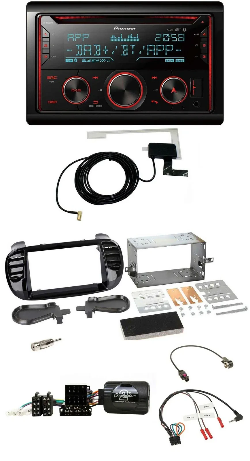 Автомагнитола для Fiat 500 Pioneer 2DIN DAB USB CD Bluetooth с управлением с руля, разъём Fakra (2008–2015)