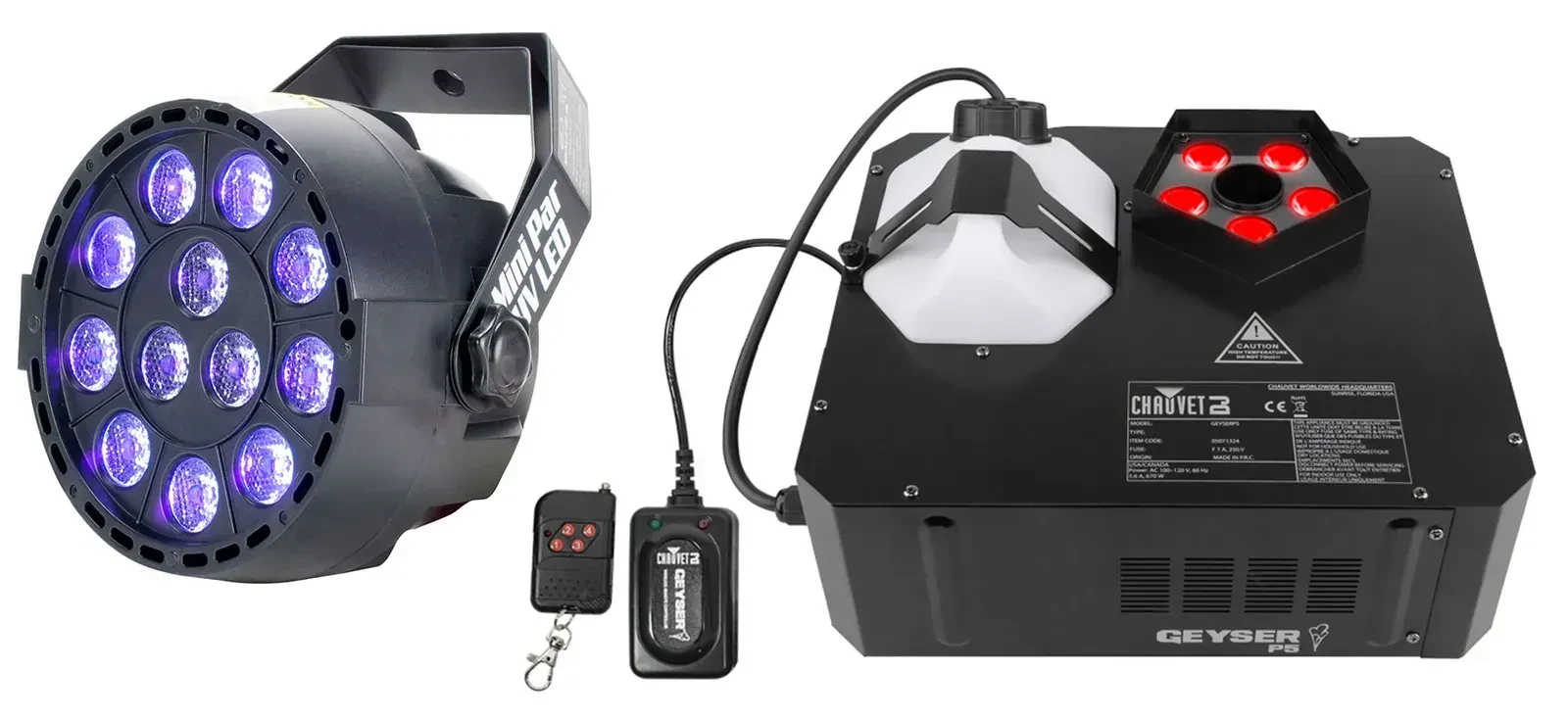 Генератор дыма Chauvet DJ Geyser P5 DMX, RGBA+UV (набор) с пультом и UV PAR-прожектором