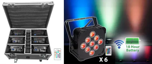 Rockville BEST PACK 60 6) Black Rechargeable Wireless DJ Up-Lights+Charging Case