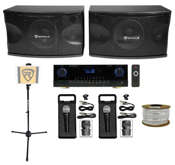 2) Rockville KPS80 8" Karaoke Speakers+Bluetooth Amplifier+2) Mics+Tablet Stand