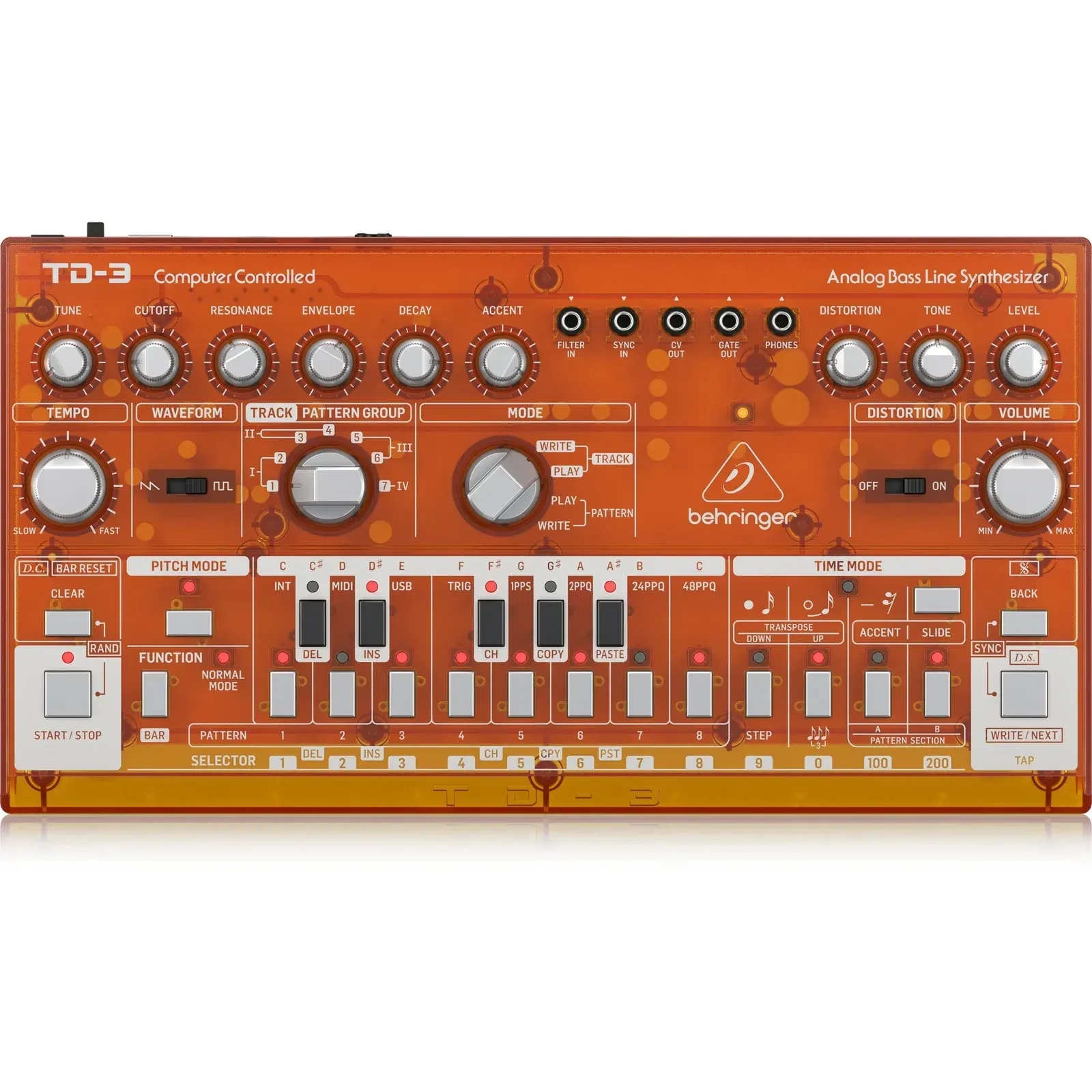 Аналоговый студийный синтезатор Behringer TD3-OR Orange Translucent Analog Bass Synth