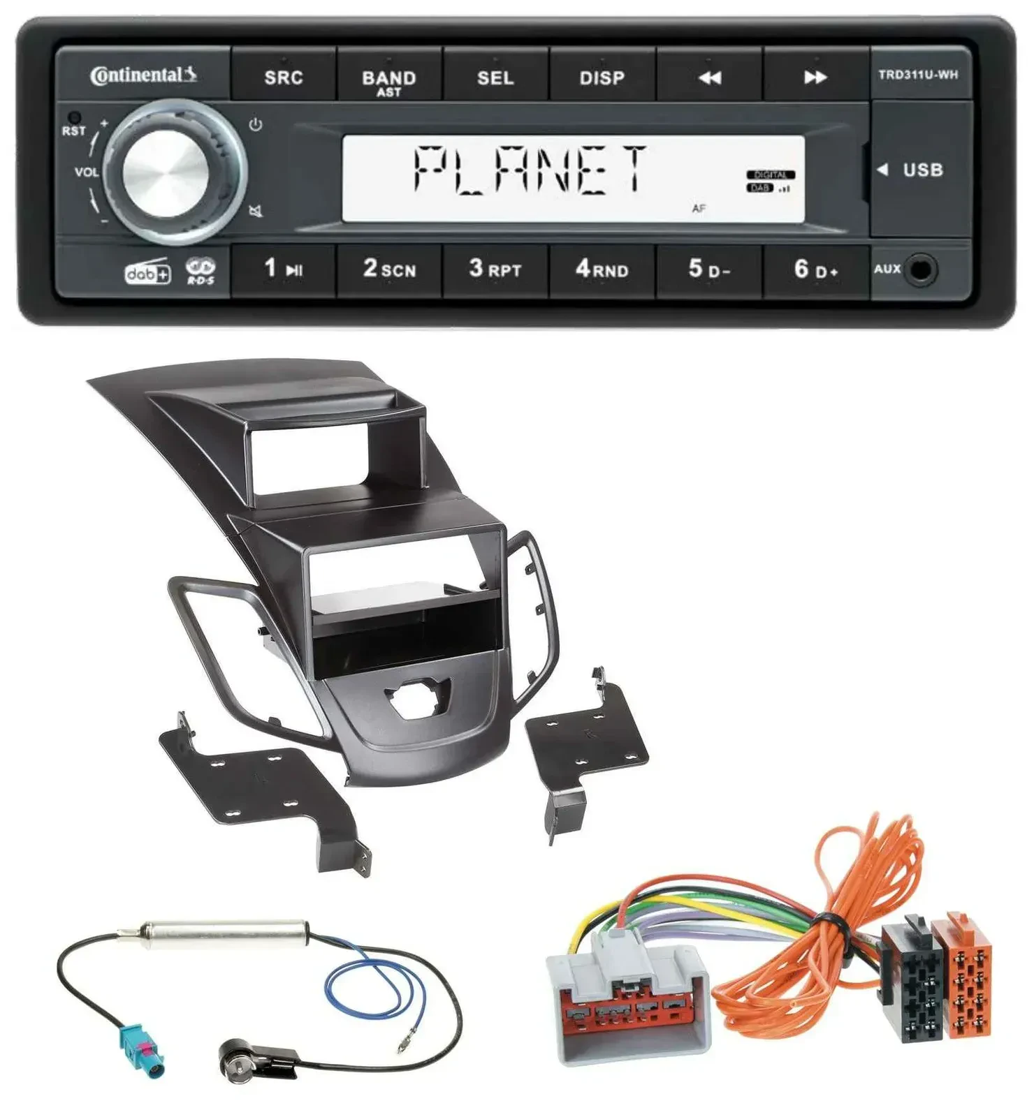 Автомагнитола для Ford Fiesta 2008–2010 Continental 1DIN, MP3, AUX, USB, DAB, дисплей, черная