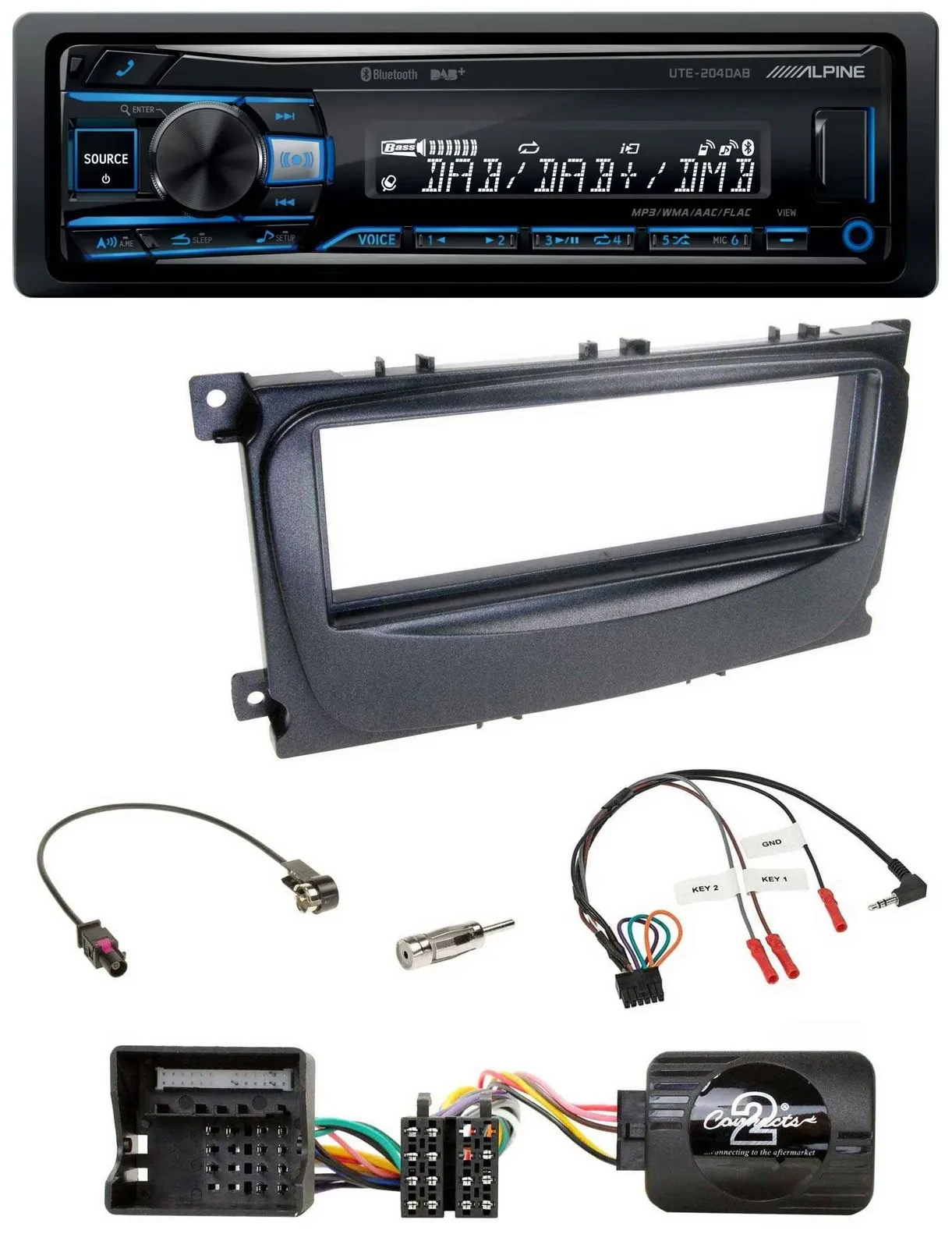 Автомагнитола для Ford Focus/C-Max/Galaxy (с 2007) Alpine USB, Bluetooth, DAB, совместимая с кнопками на руле, черная