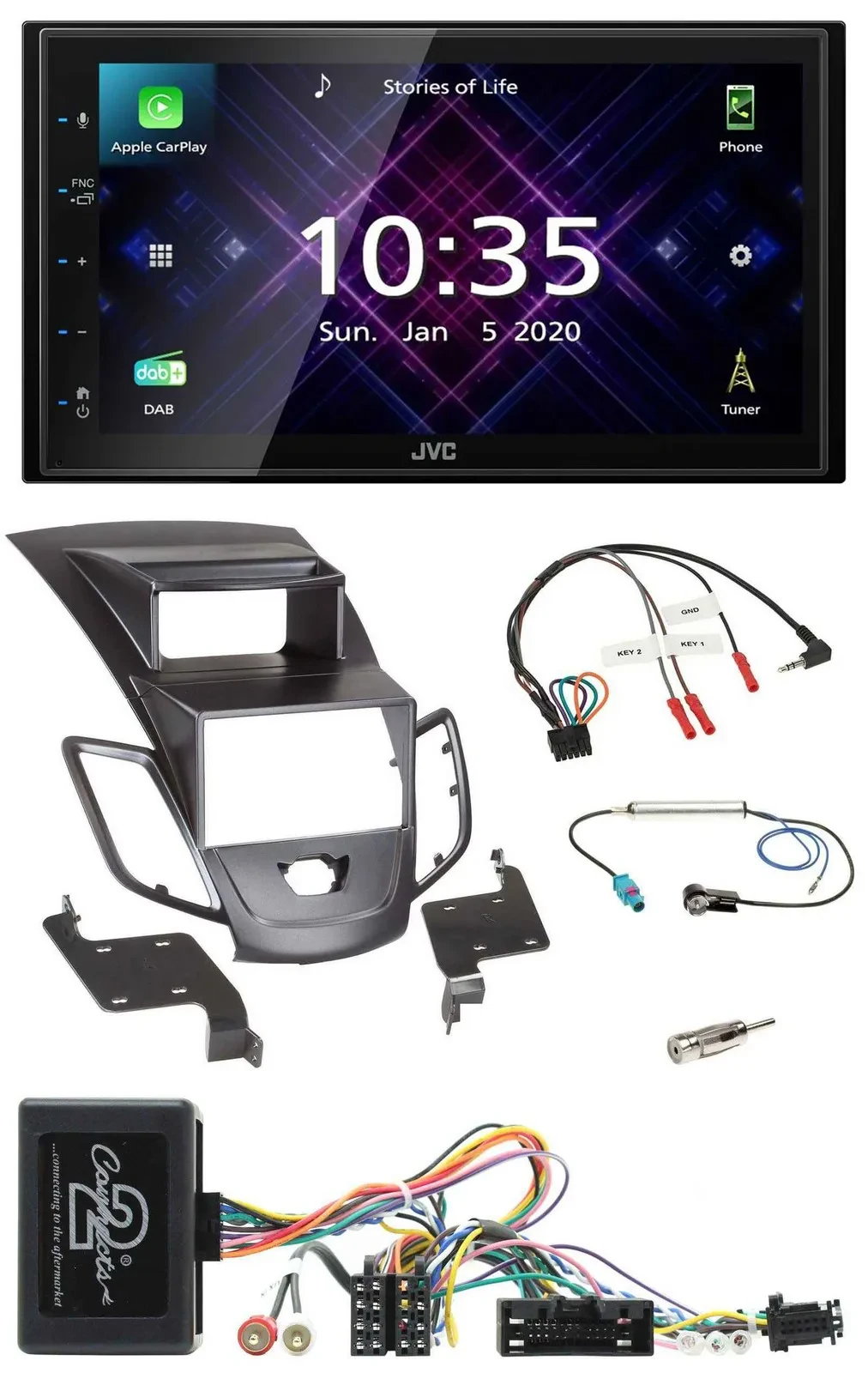 JVC DAB 2DIN Lenkrad Bluetooth USB Autoradio für Ford Fiesta 10-13 Display schwa
