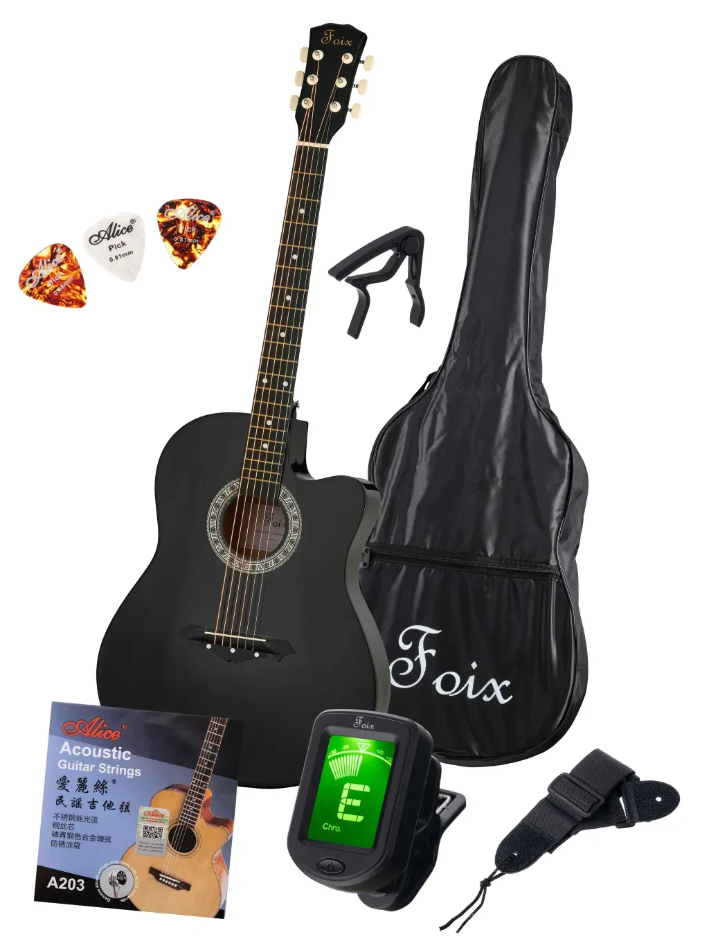 Набор: Акустическая гитара Foix FFG-2039CAP-BK черная с аксессуарами