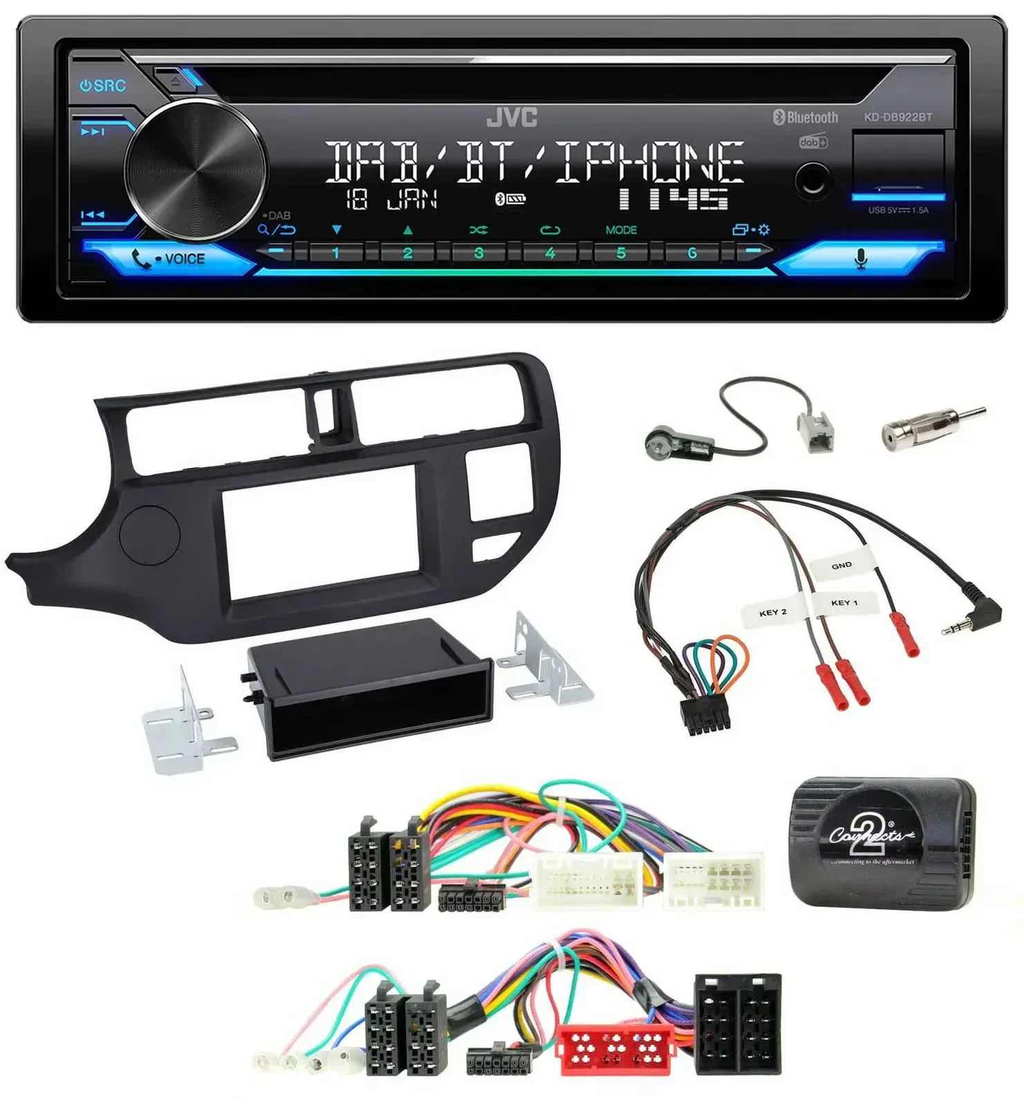 Автомагнитола JVC Bluetooth USB DAB CD для Kia Rio UB 2011–2015, чёрная