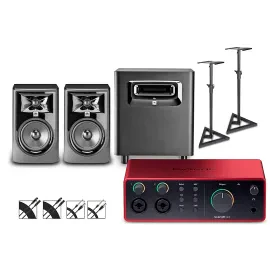 Focusrite Scarlett 4i4 Gen 4 with JBL 3 Monitors/LSR Sub/Stands/Cables 305MKII