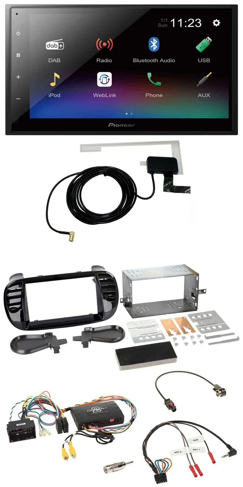 Pioneer DAB Lenkrad Bluetooth 2DIN USB Autoradio für Fiat 500 2014-2015 schwarz