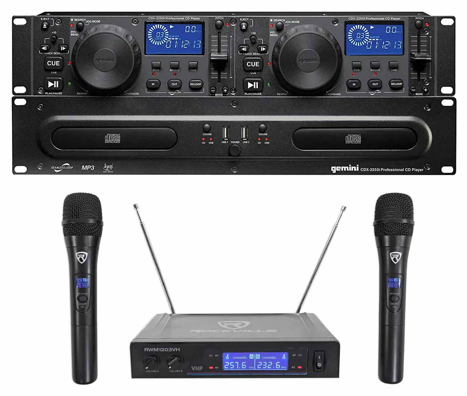 Медиаплеер для DJ Gemini CDX-2250i + RWM1203VH 2-Deck, CD/MP3 (набор) с двумя беспроводными микрофонами