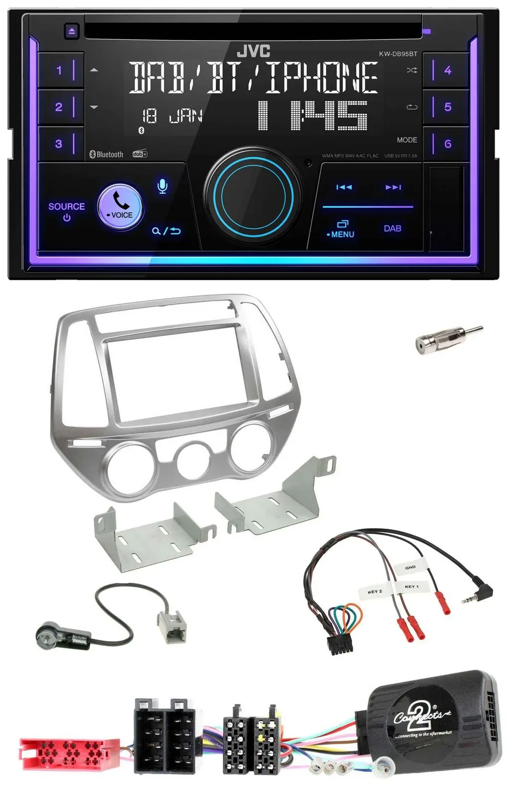 Автомагнитола JVC 2DIN, DAB, Bluetooth, CD, для Hyundai i20 (2012–2014)