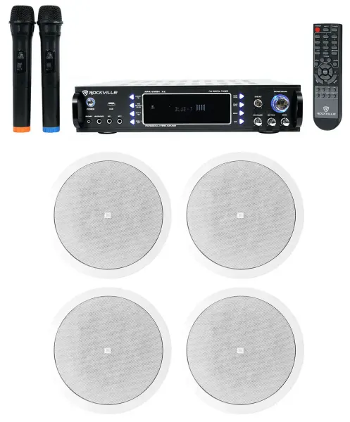 JBL+Rockville Karaoke System w/(4) Ceiling Speakers+Bluetooth Receiver+(2) Mics