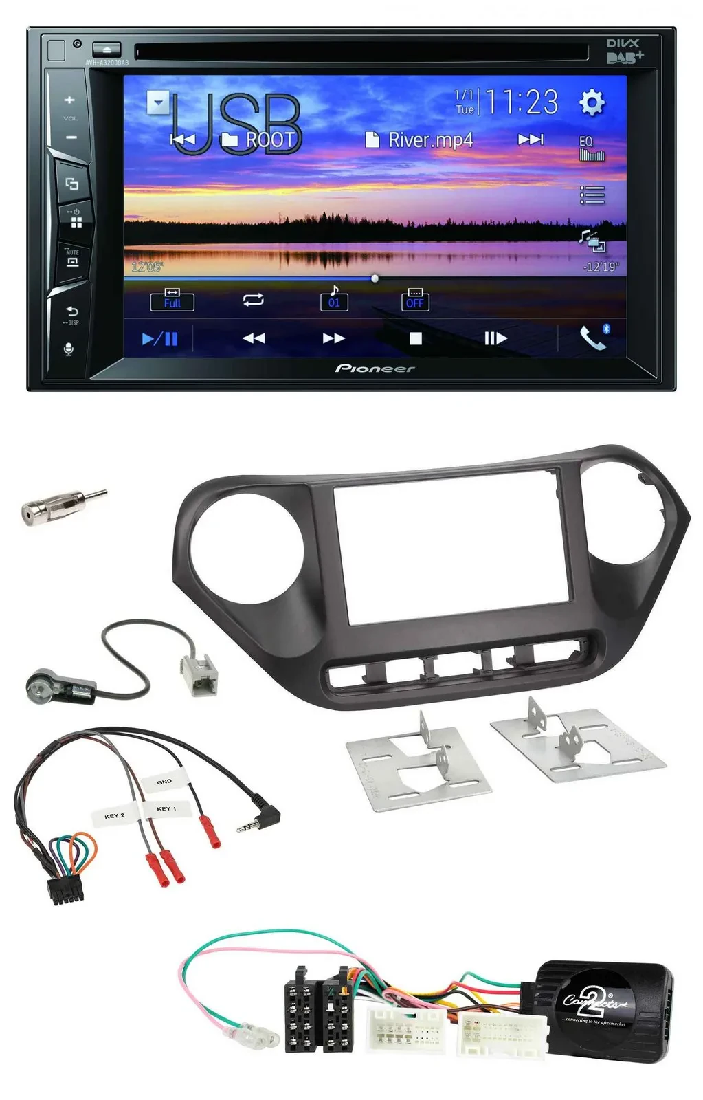 Автомагнитола для Hyundai i10 (с 2014) Pioneer 2DIN, Bluetooth, USB, DVD, DAB, поддержка кнопок на руле