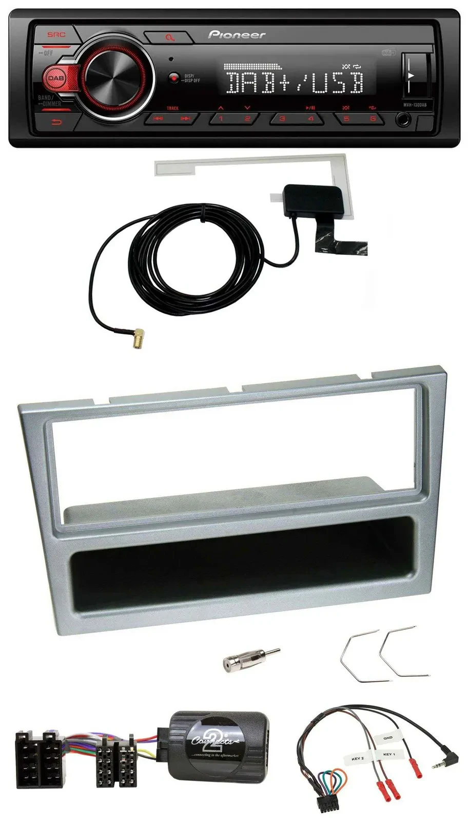 Автомагнитола для Opel Corsa C 2000–2004 Pioneer 1DIN, MP3, DAB, USB, серебристая, поддержка управления на руле