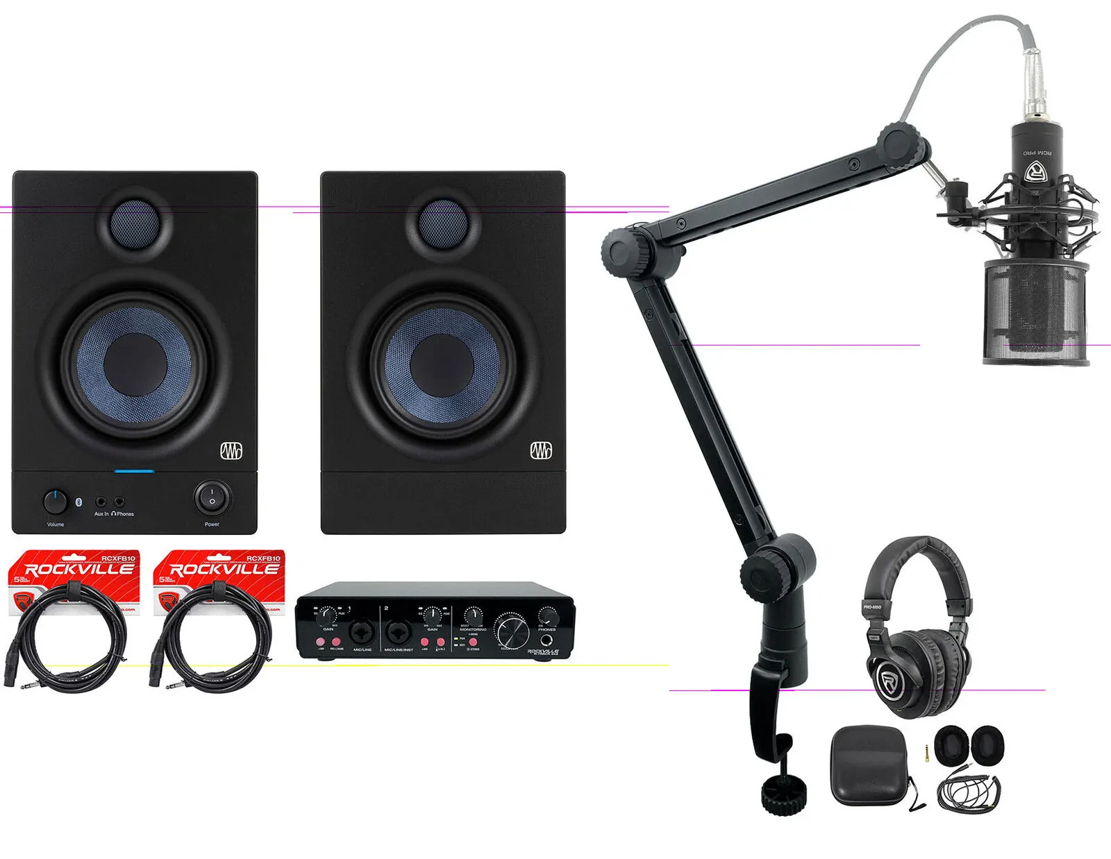 2) Presonus Eris 4.5BT 4.5" Studio Monitors+Interface+Mic+Headphones+Boom Arm