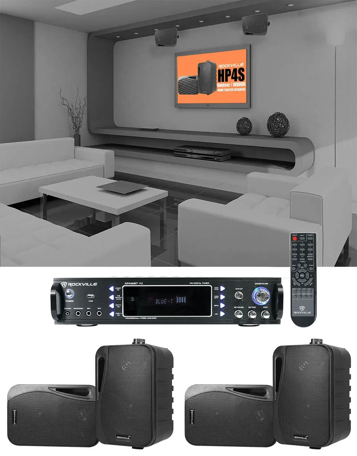 Комплект акустики для домашнего кинотеатра Rockville RPA60BT+(2) HP4S-8 BK HT 1000W, Bluetooth, 4×4" поворотные колонки, черный (набор)