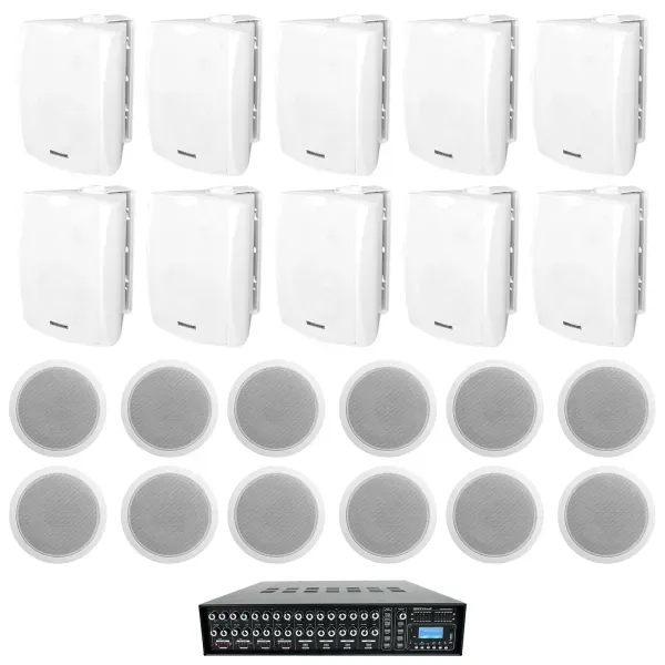 Restaurant Multi Room Audio System (10) 6.5" White Wall+12) 6" Ceiling Speakers