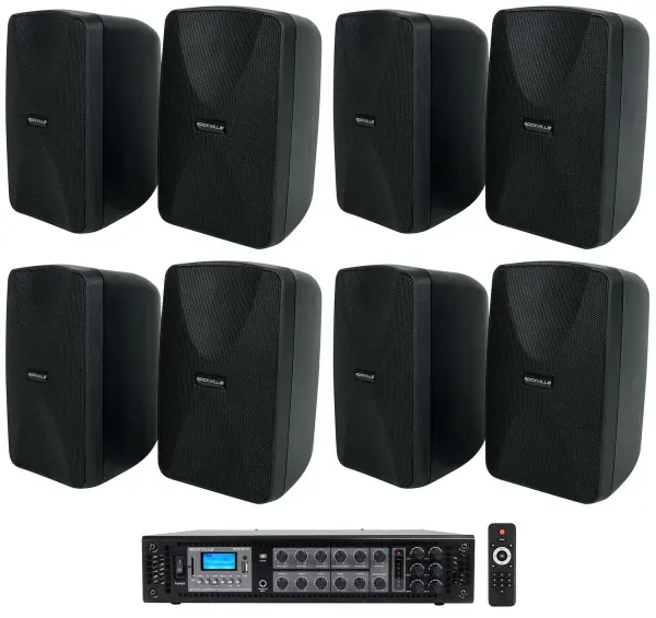 Rockville 70v Commercial/Restaurant Amplifier w/Bluetooth+(8) Black 4" Speakers