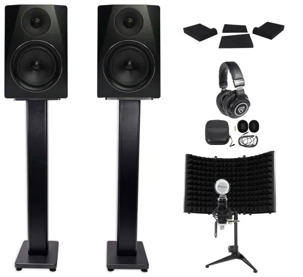 (2) Rockville APM6B 6.5" Studio Monitors+36" Stands+Pads+Headphones+Mic+Shield