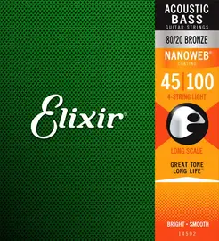 Струны для акустической бас-гитары Elixir 14502 NanoWeb Light 45-100