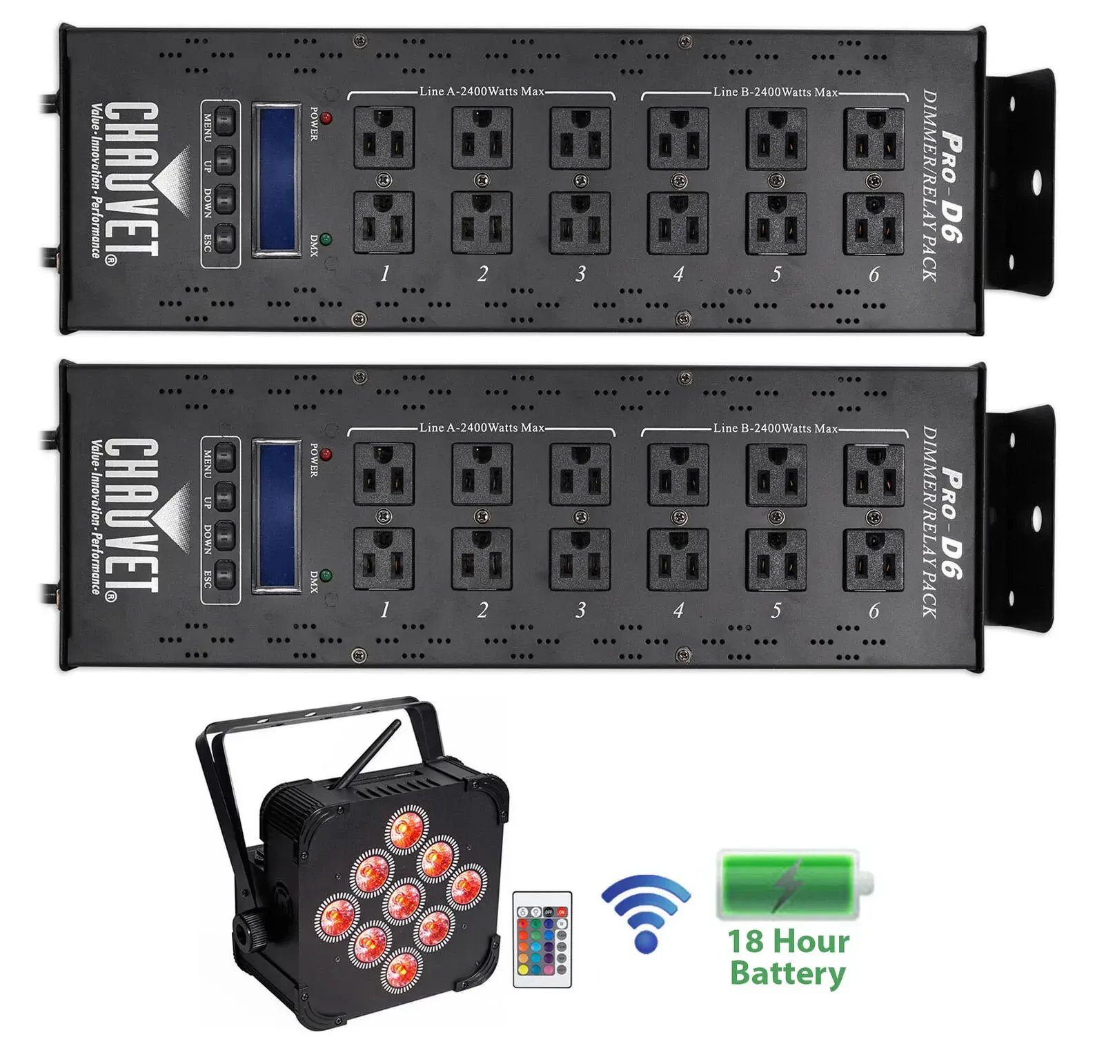 (2) Chauvet PRO-D6 Dimmer Switch Pack 115V/230V+Wireless Battery Par Can Light