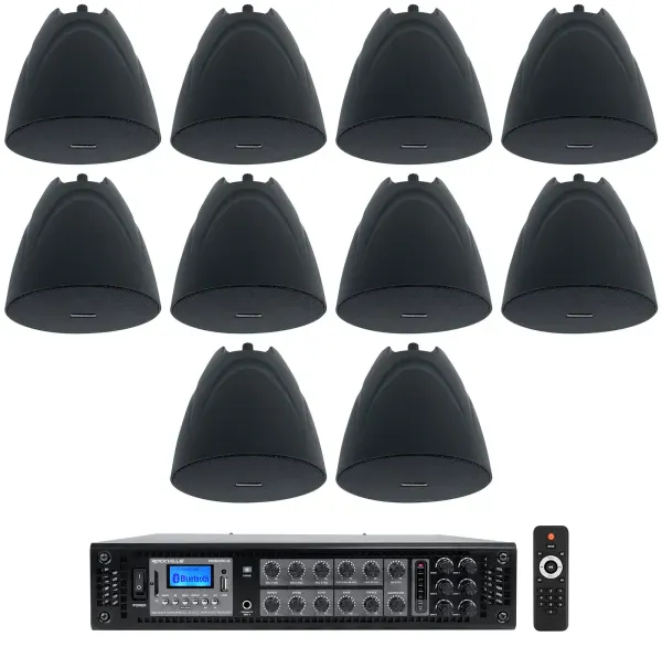 Rockville RCS350-6 Commercial Amp+(10) Black 5.25" Pendant Speakers For Bar/Cafe