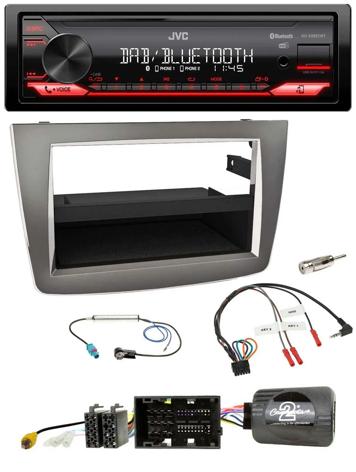 Автомагнитола для Alfa Romeo Mito (2014–2018) JVC Bluetooth, USB, DAB, совместима с кнопками на руле, серебристая