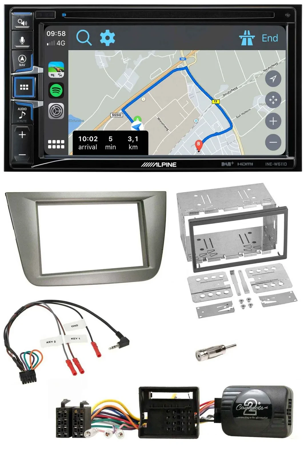 Автомагнитола Alpine 2DIN, навигация, DAB, Bluetooth, USB, совместима с кнопками на руле, для Seat Toledo/Altea, серебристая