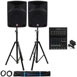 2 Rockville RPG10 10" Powered/Active 1200W 2-Way Speakers+Mackie Mixer+2 Stands