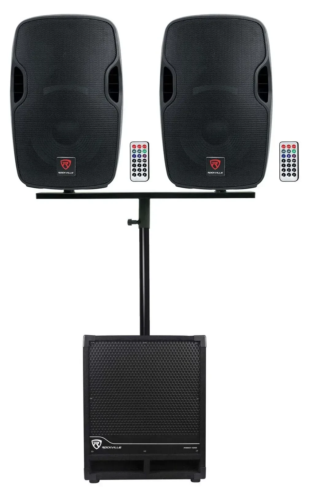 Активная акустическая система для DJ Rockville (2) BPA12+DP Mount+RSP36+RBG12S (набор): 2×12" активные колонки, 12" активный сабвуфер, двойной крепеж