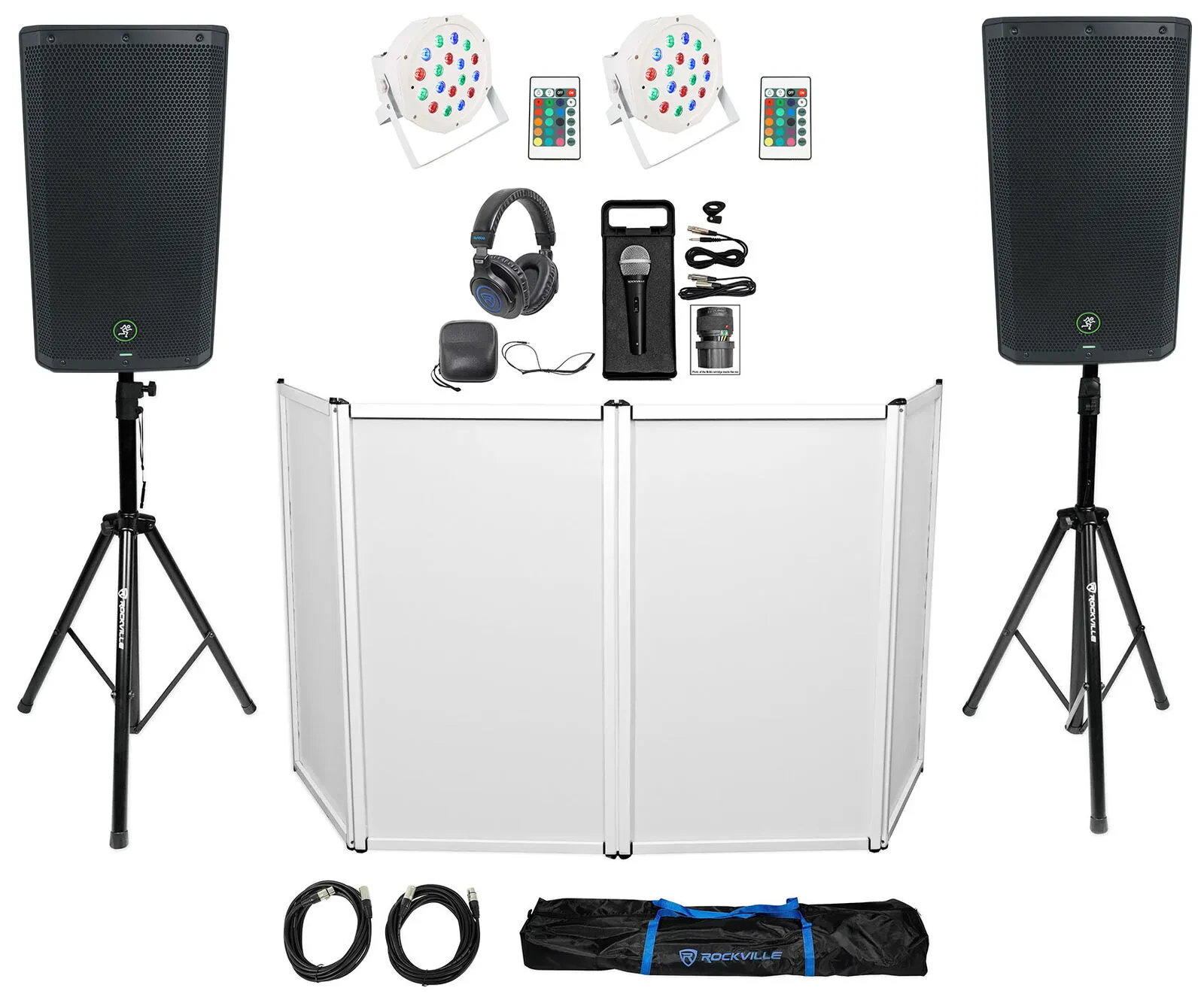 DJ Package w/2) Mackie Thrash212 GO 12" PA Speakers+Facade+Mic+Headphones+Stands