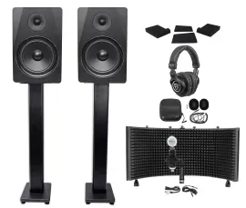 2) Rockville DPM8B 8" 600w Studio Monitors+36" Stands+Headphones+Mic+Shield